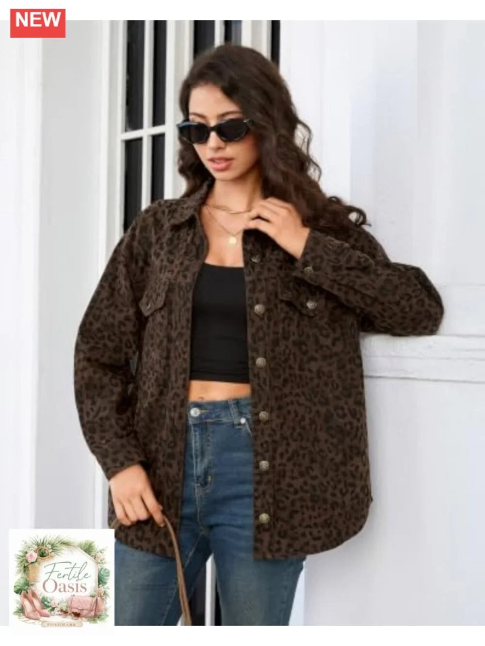 Oversized Leopard Print Denim Jacket Women Button Down Long Sleeve Shacket